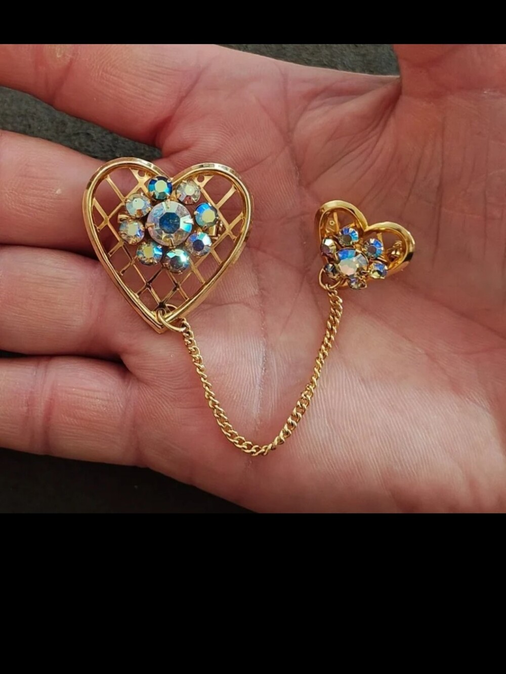1950s Double Heart With Aurora Borealis Rhinestones Gold Tone Brooch